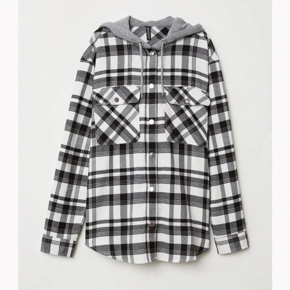 Divided Tops - H&M Flannel Hooded Snap Shirt